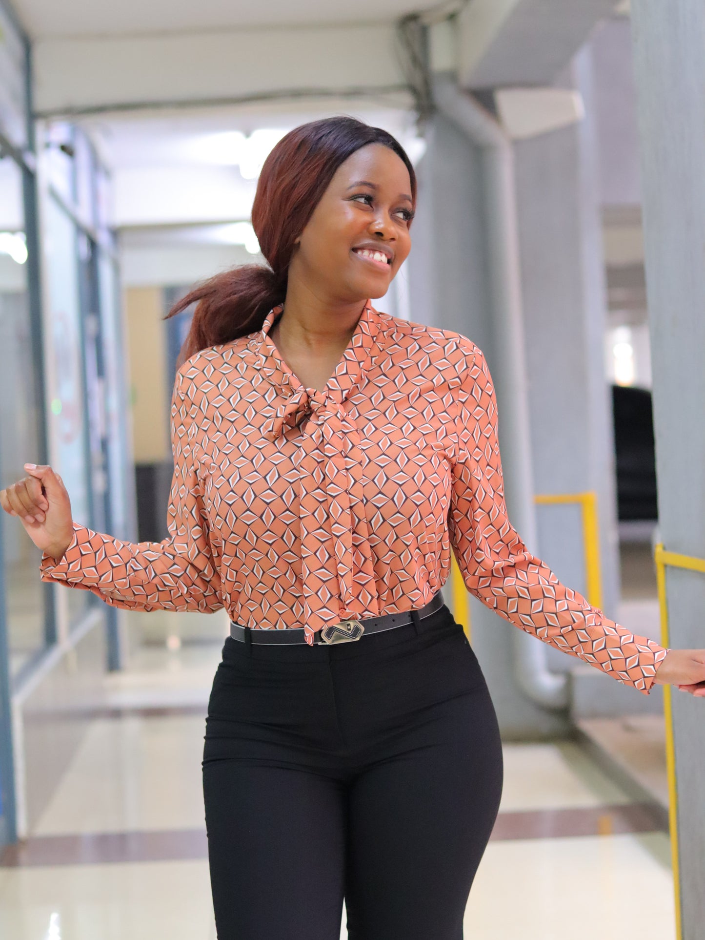 Geo Print Brown Long Sleeved Blouse