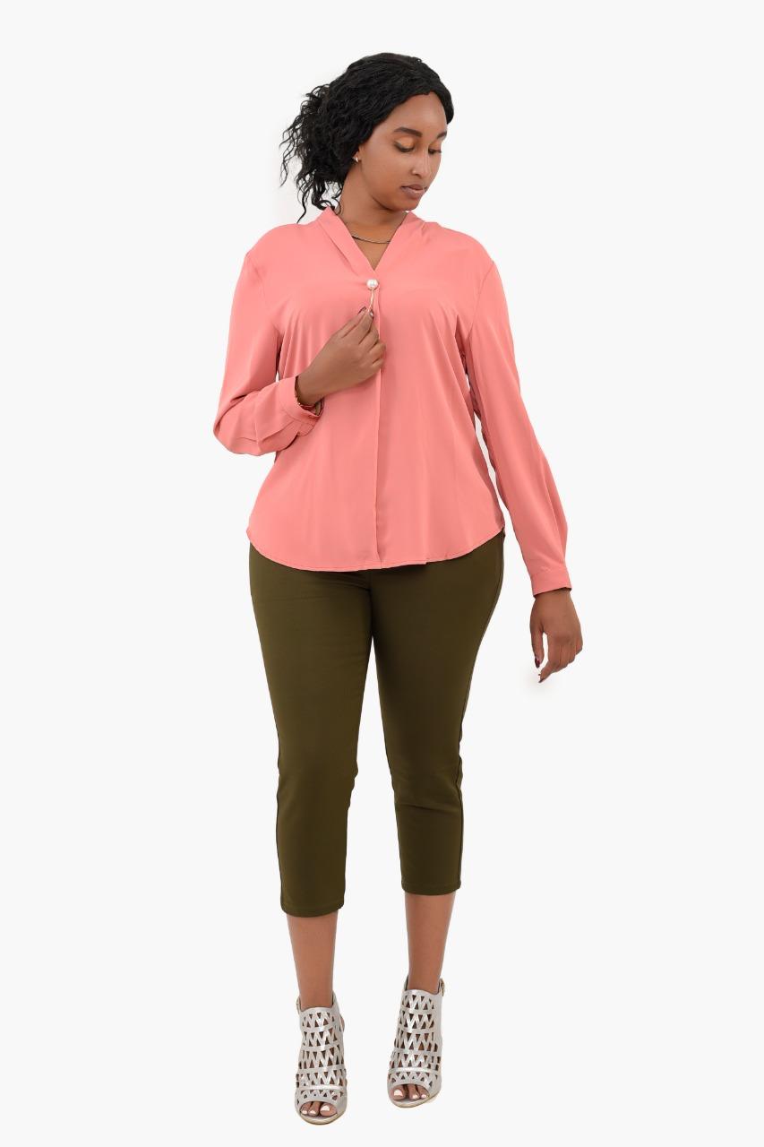 Long Sleeve V-neck Blouse with Front Detail