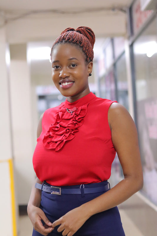 Front Ruffled Neck Blouse in Red