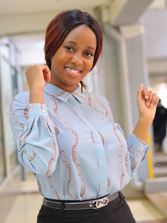 Collared Light Blue Long Sleeved Blouse