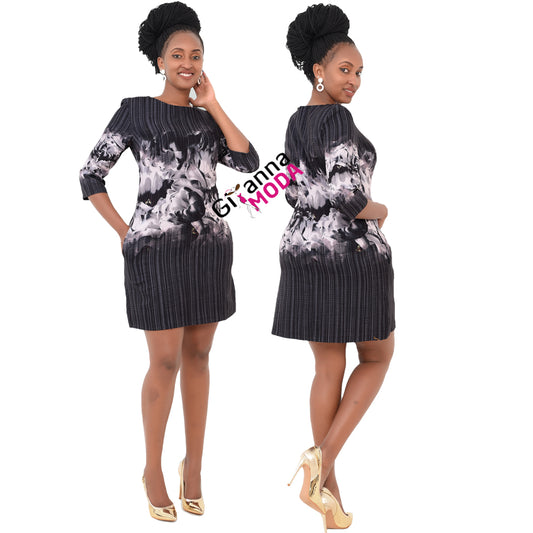 Grey Striped Floral Shift Dress