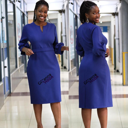 Blue Sleeved V-Neck Bodycon Dress