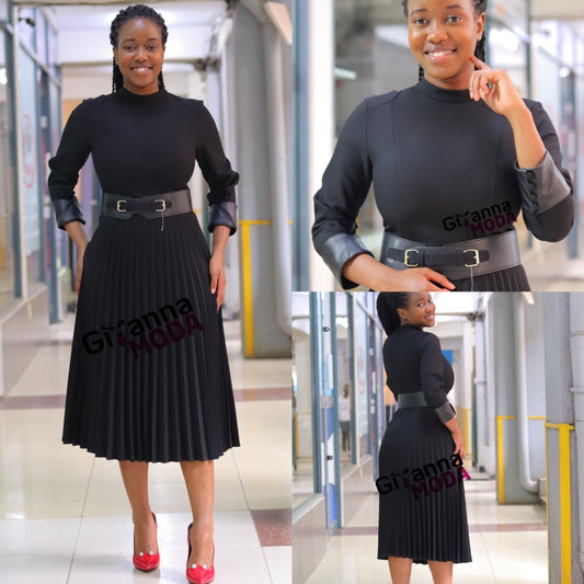 Black Long Sleeve Sunray Pleat Dress
