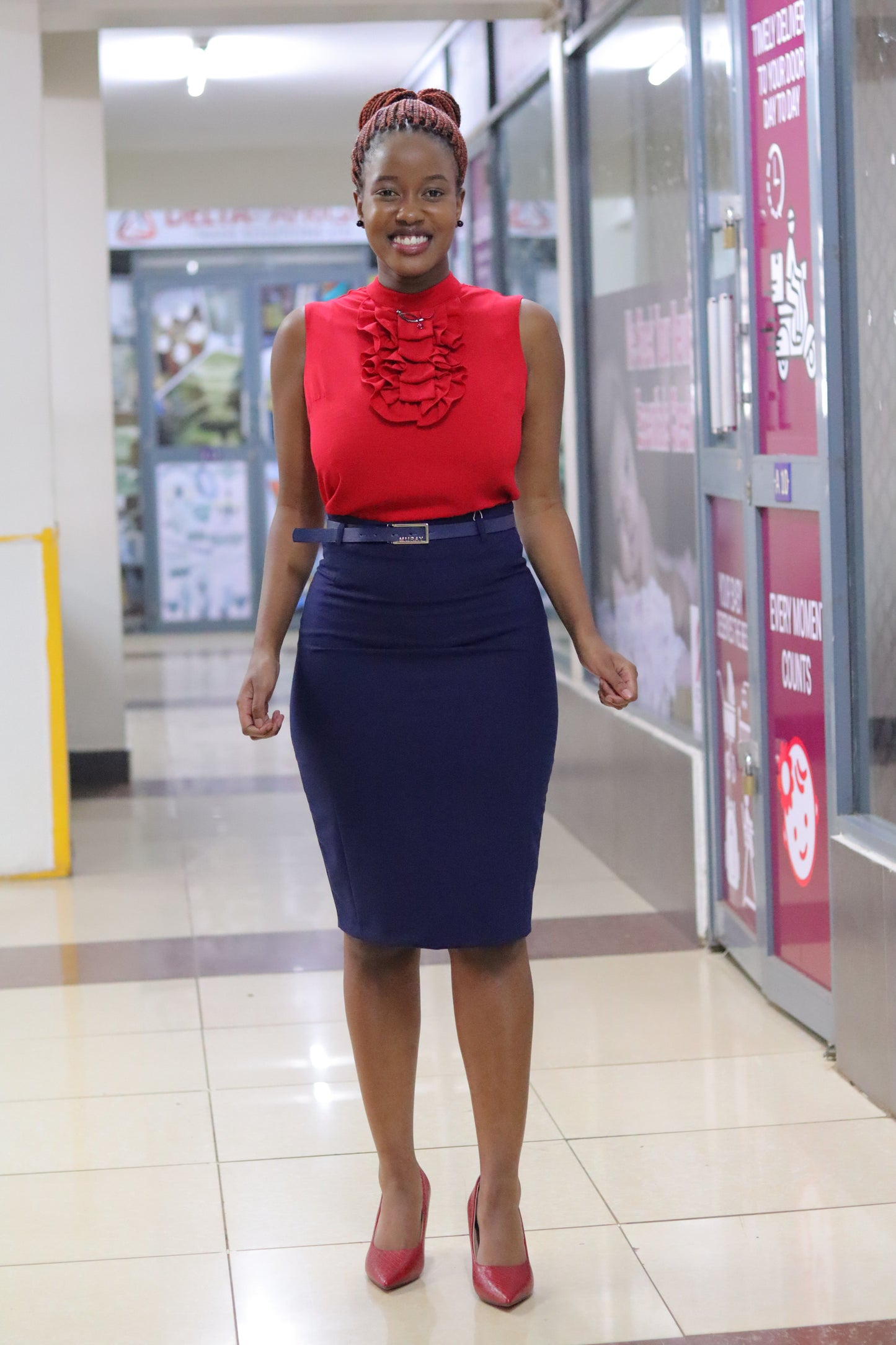 Front Ruffled Neck Blouse in Red