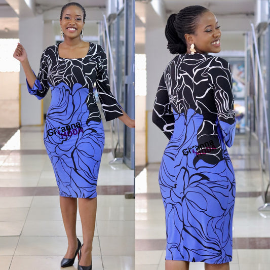 Cobalt Blue Floral Print 3/4 Dress