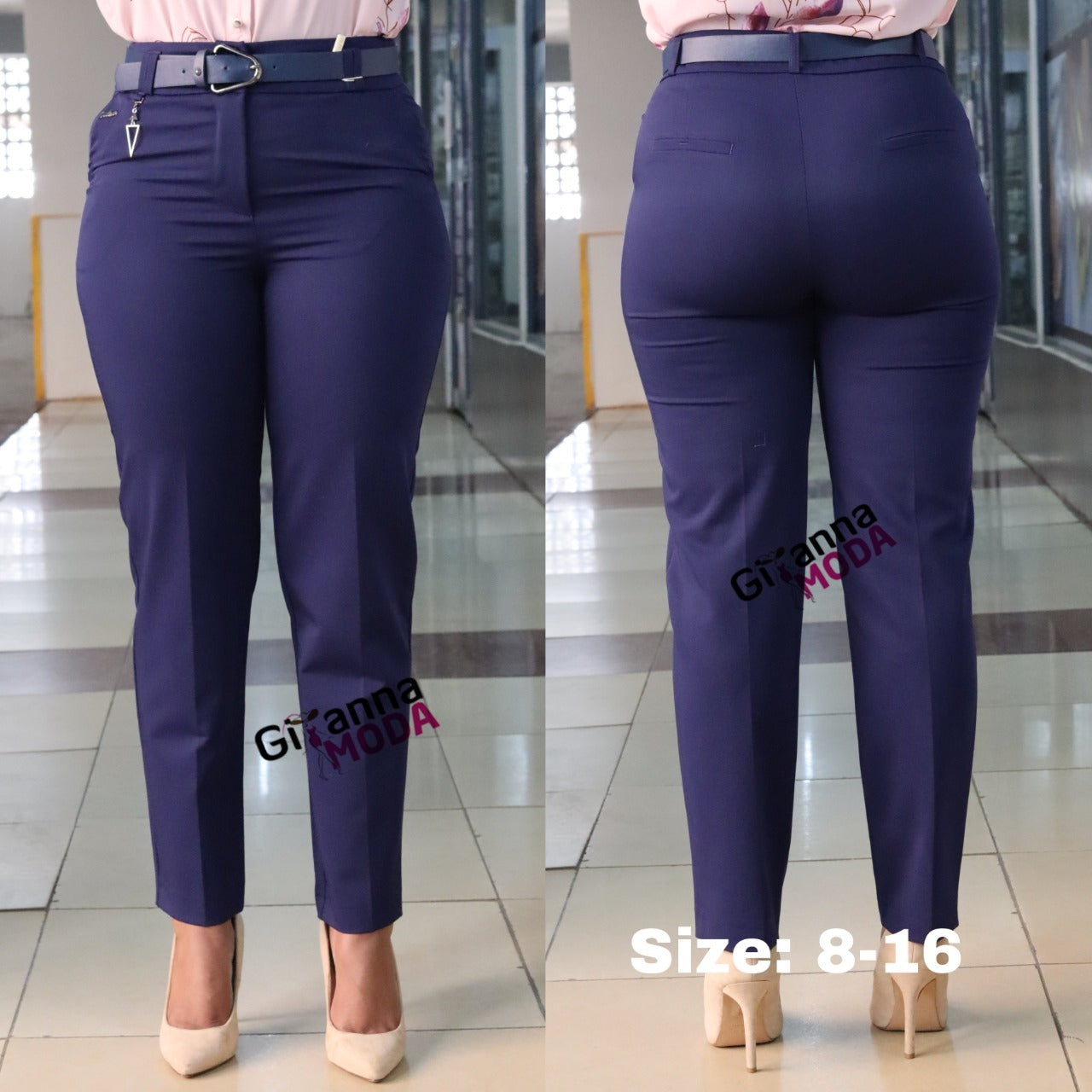 Faux Pockets Blue D-Belted Trouser