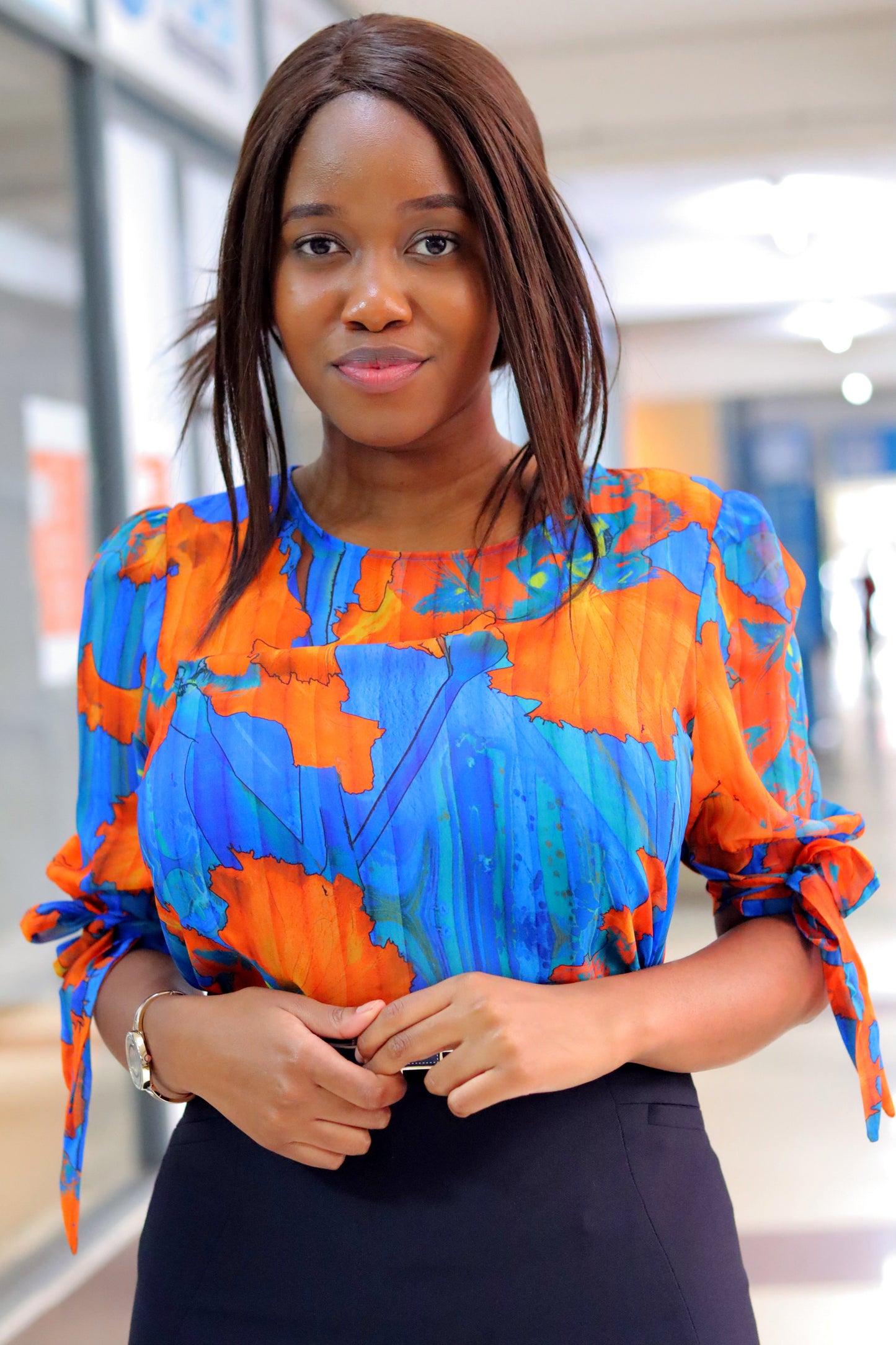 Bow Tie Up Sleeves Floral Blue Blouse