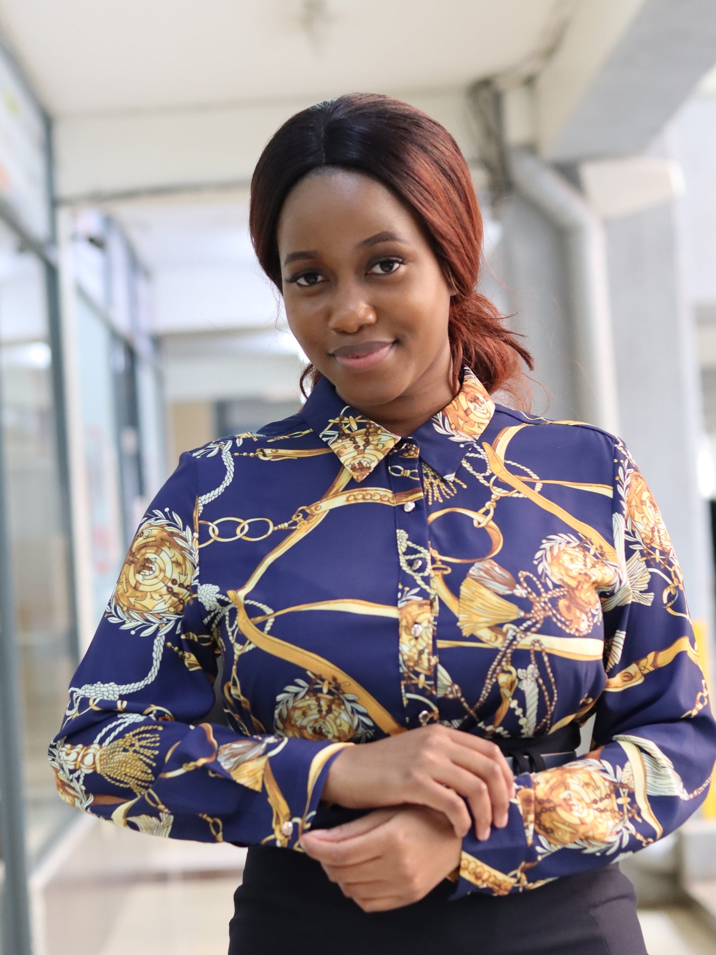 Chain Navy Blue Print Long Sleeve Blouse