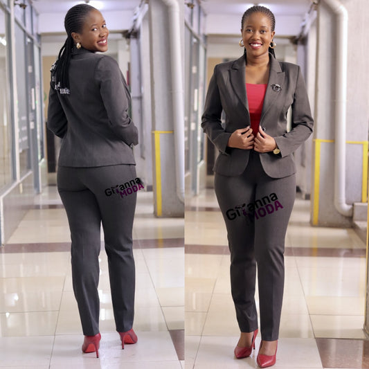 Lapel Collar and Brooch Grey Trouser Suit