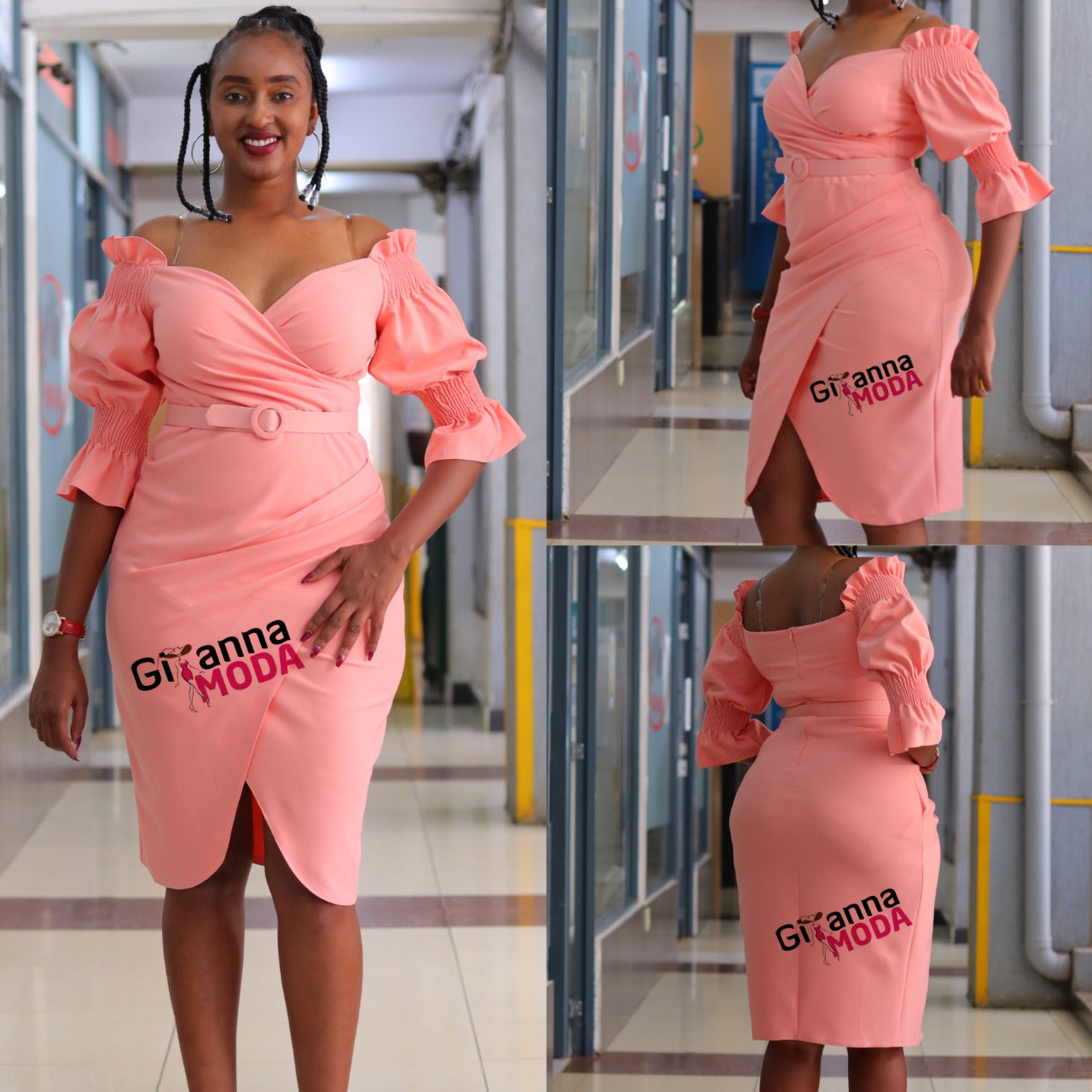 Salmon Off-Shoulder Wrap Dress