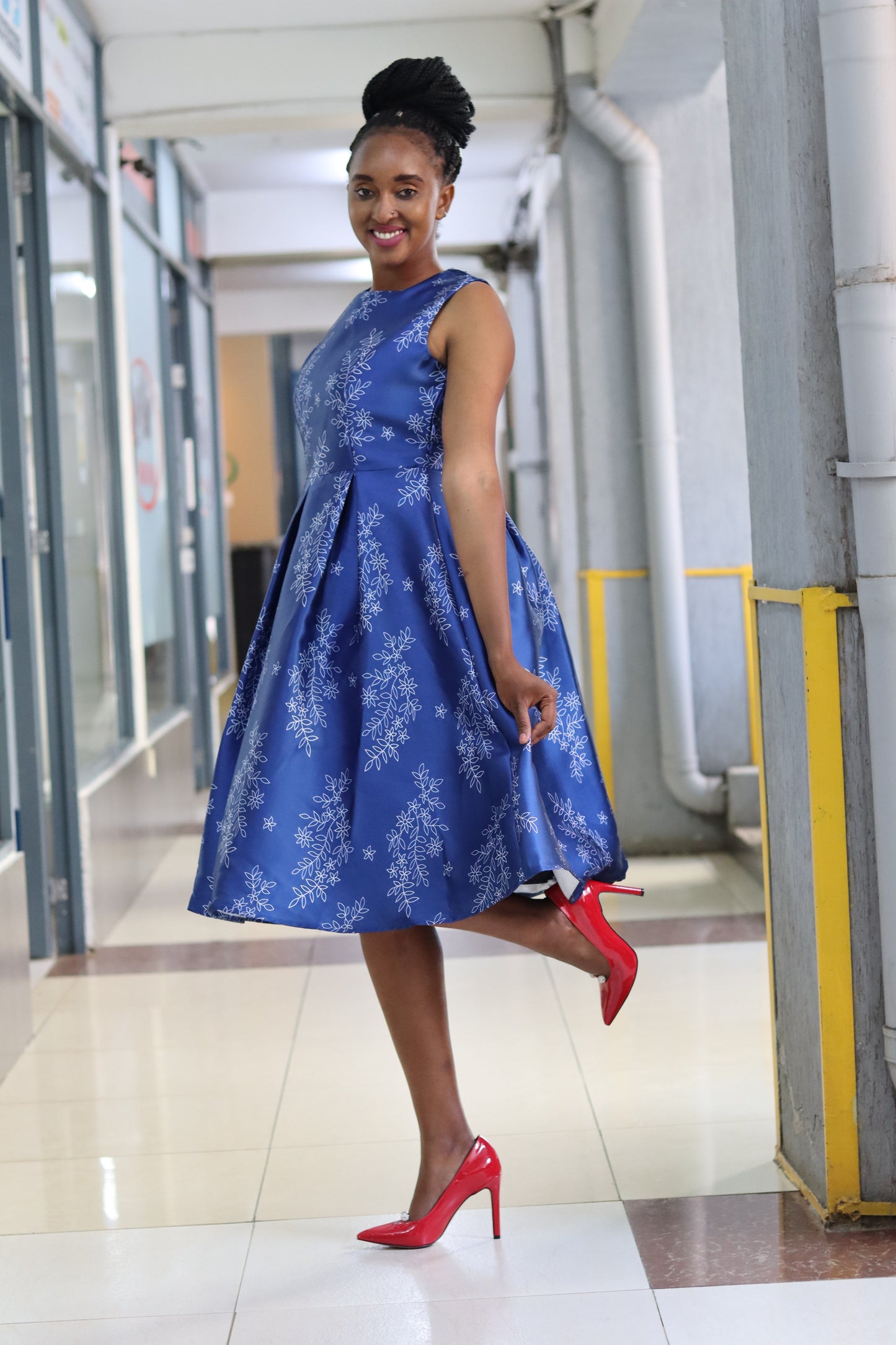 Blue Floral Pleated Skater Dress