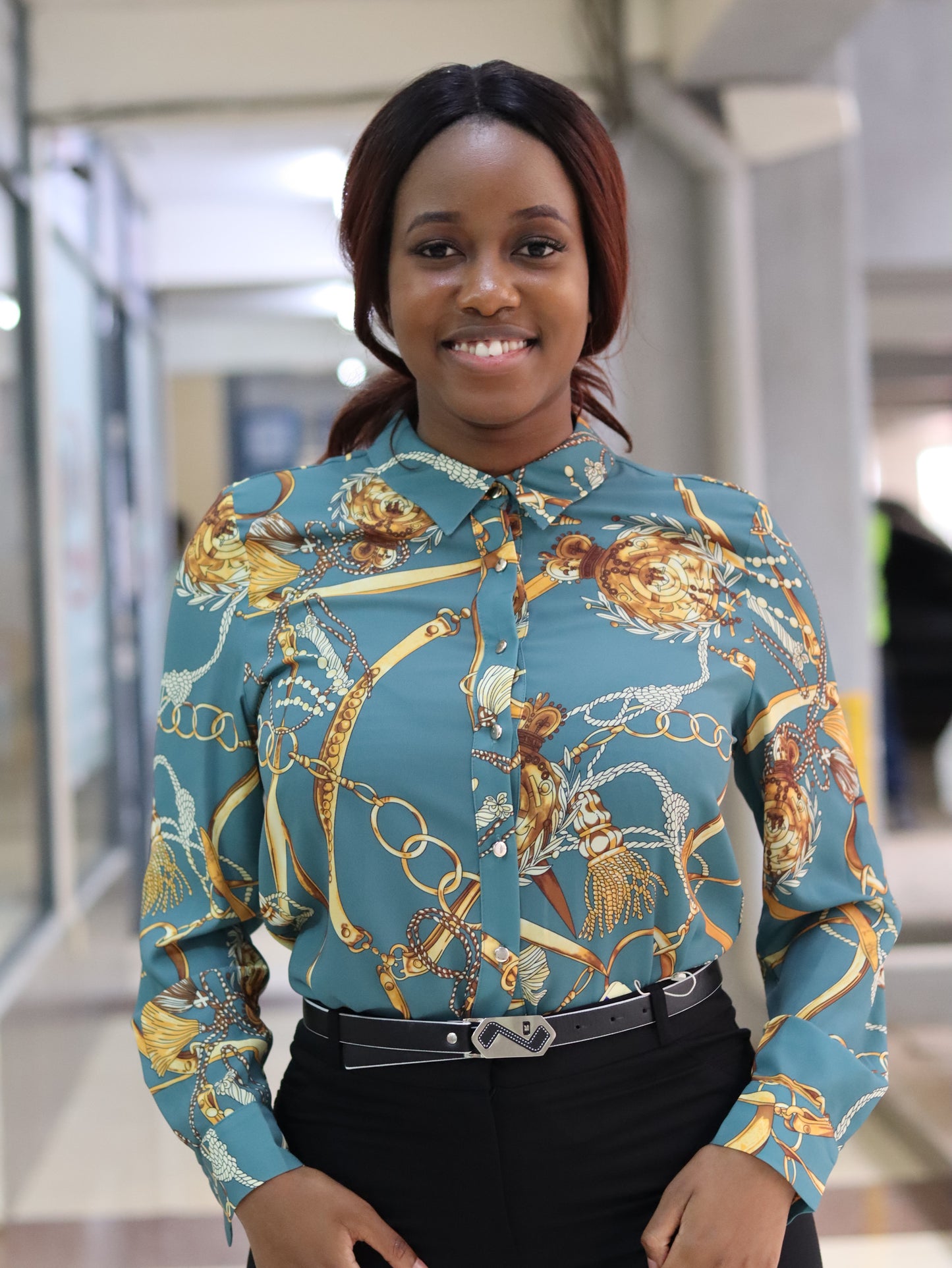 Chain Green Print Long Sleeve Blouse