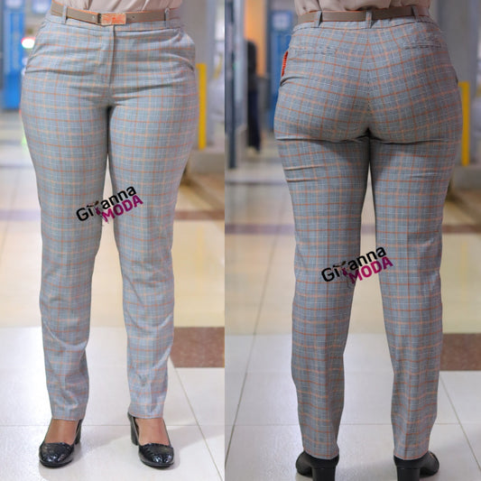 Plaid Orange Print Belted Trouser