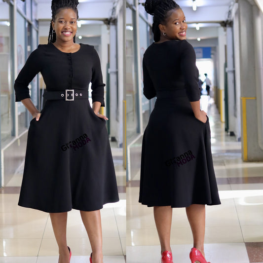 Belted Black Front Button Skater Dress