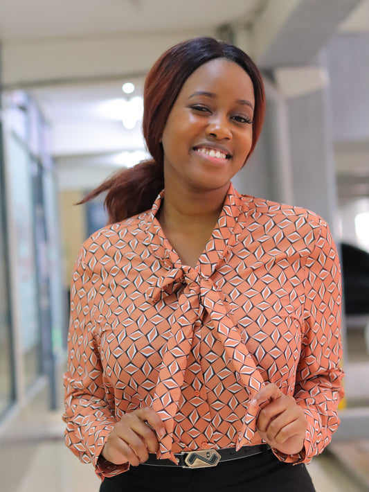 Geo Print Brown Long Sleeved Blouse