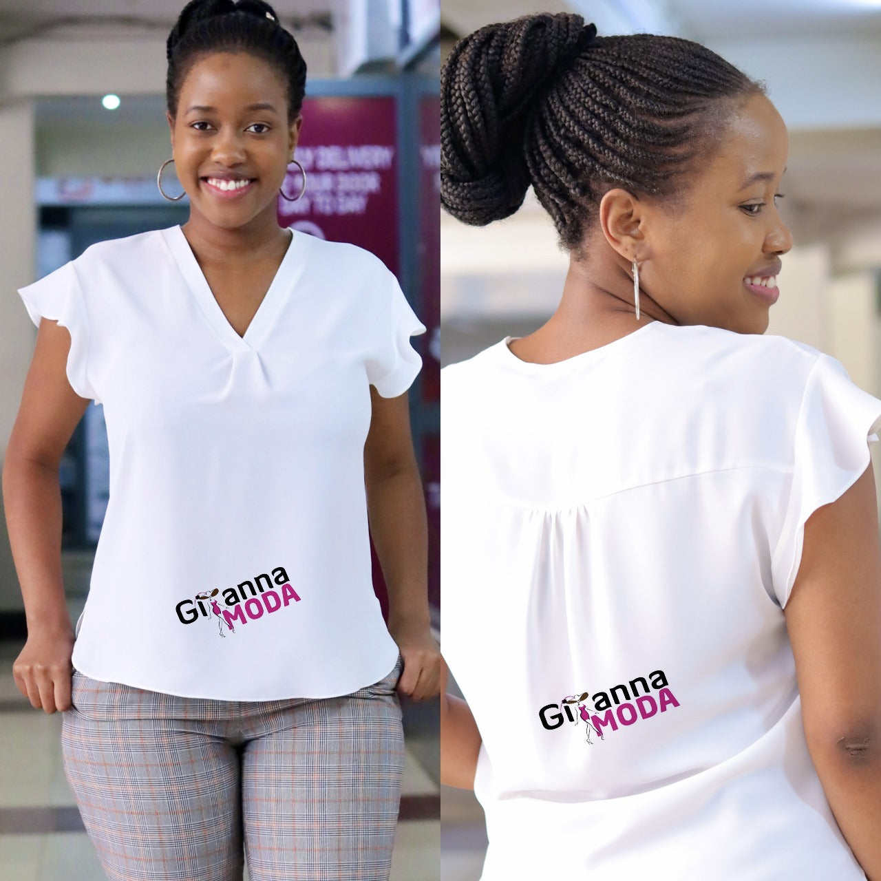 Frill Sleeved V-Neck Blouse in Ivory White