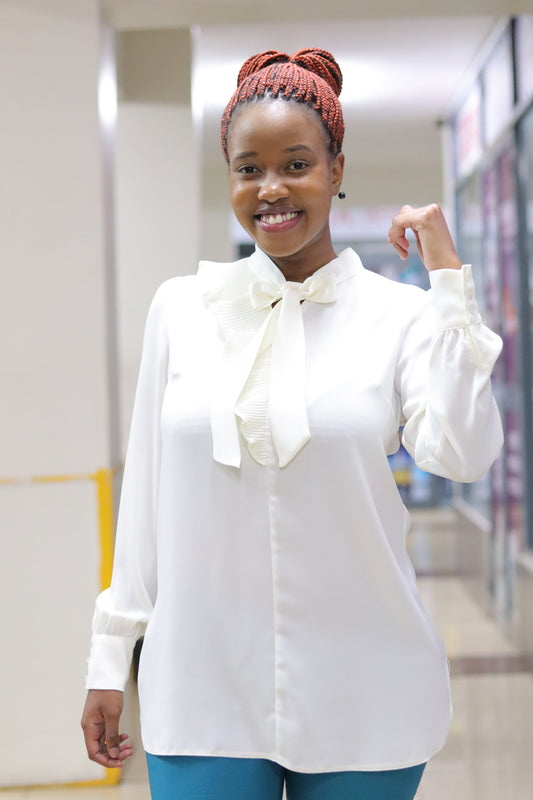 Side Frill Longline Ivory White Blouse