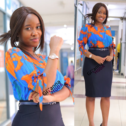 Bow Tie Up Sleeves Floral Blue Blouse