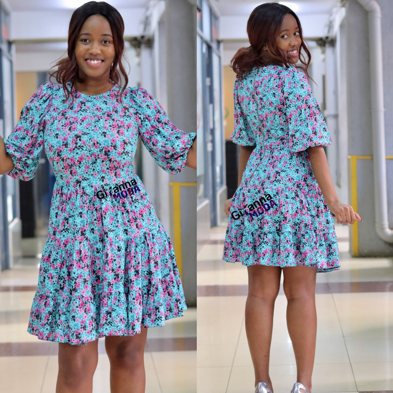 Turquoise Gathered Floral Tiered Dress