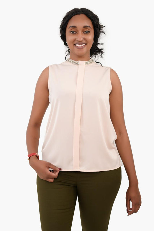 Embellished Crew Neck Beige Sleeveless Blouse