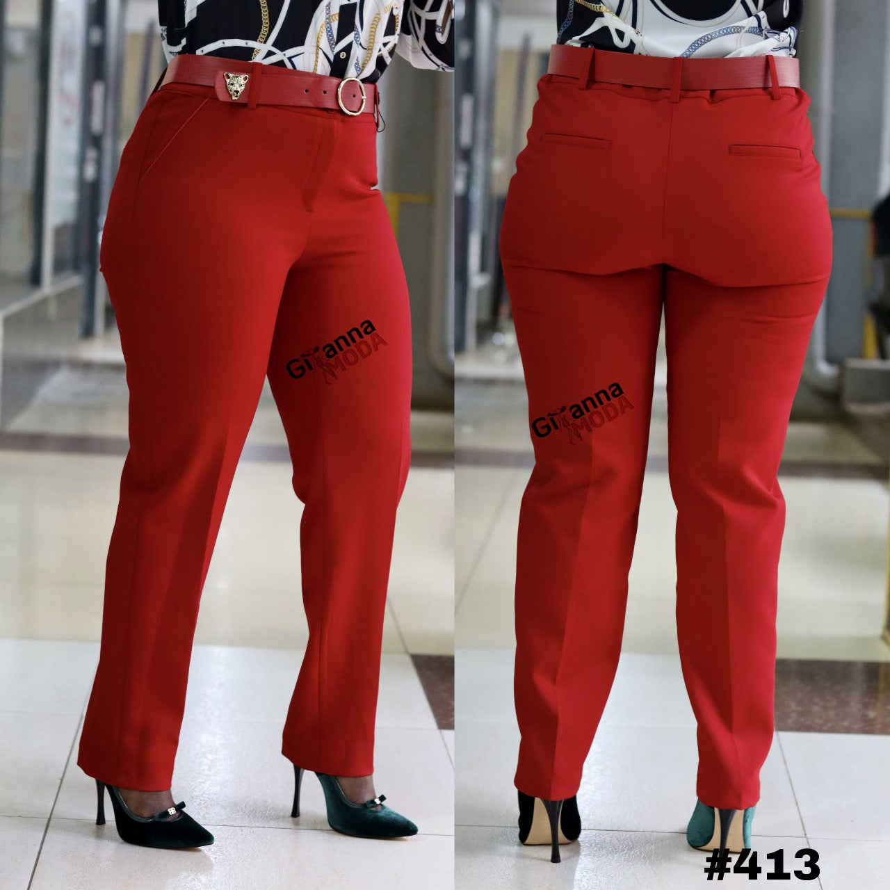 Faux Pockets Red Belted Trouser
