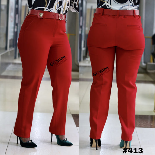 Faux Pockets Red Belted Trouser