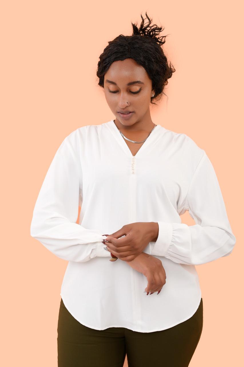 Long Sleeved V-Pearl Detailed Blouse in White