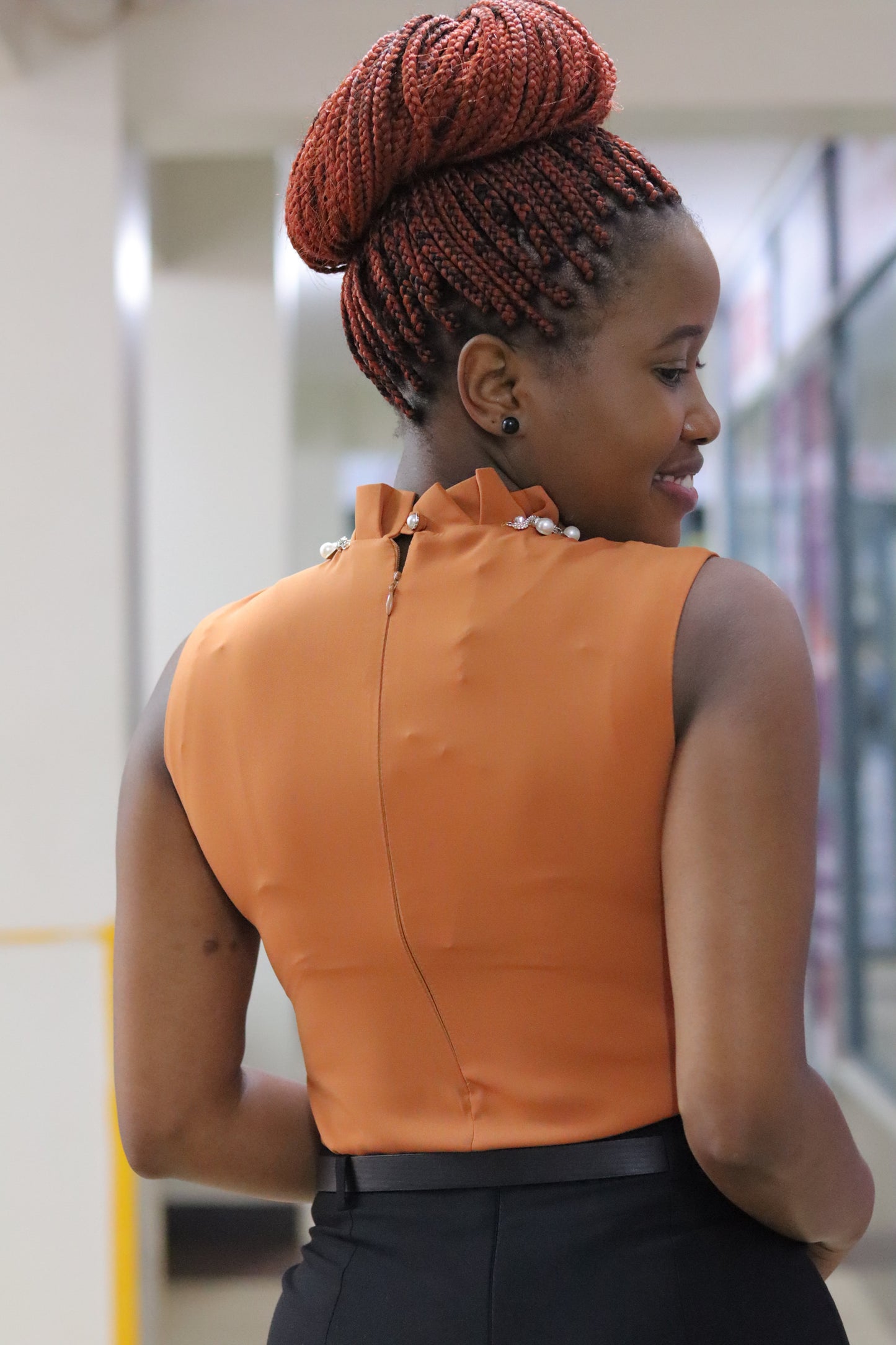 Pearl Embellished Frilled Brown Blouse