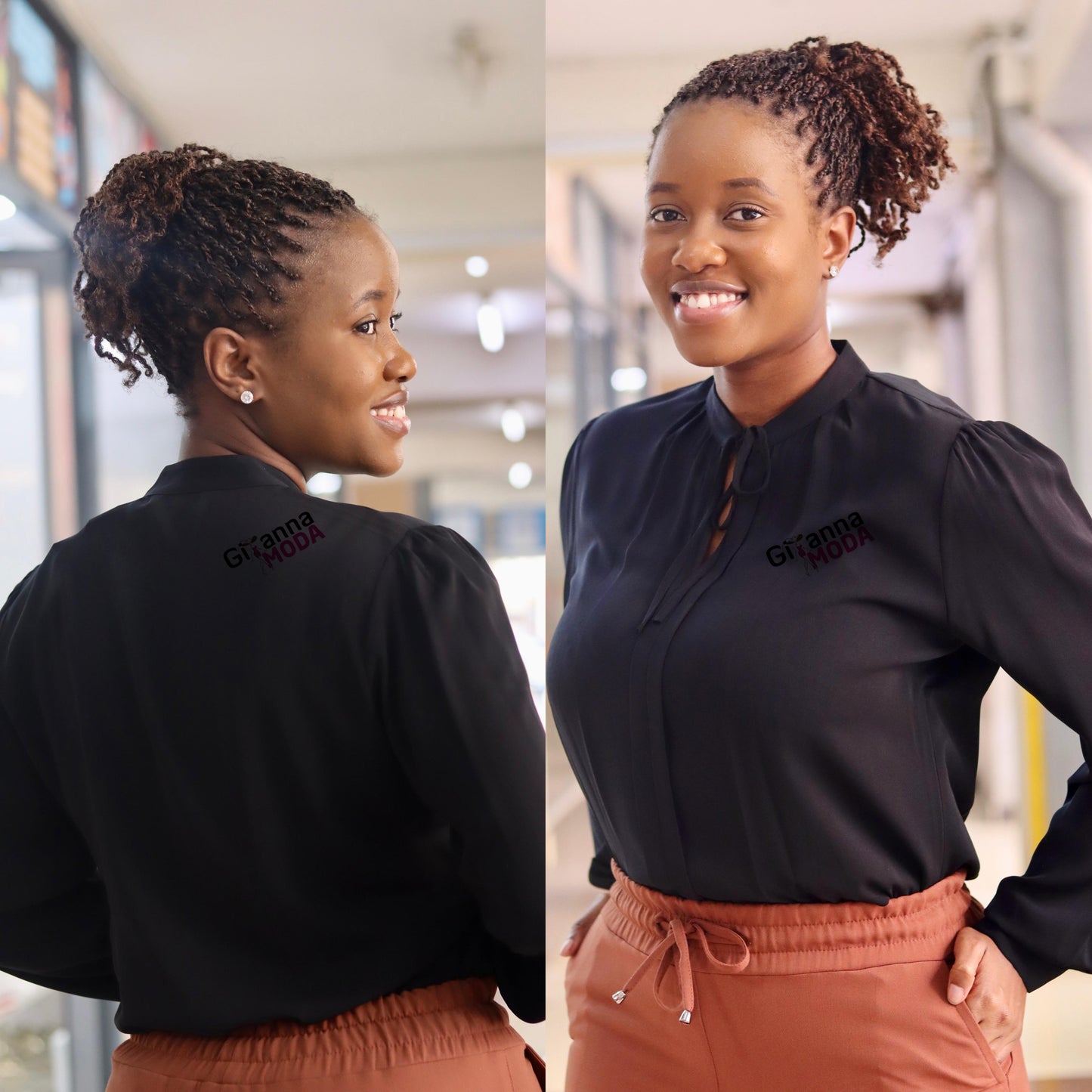 Long Sleeved Tie Neck Black Blouse