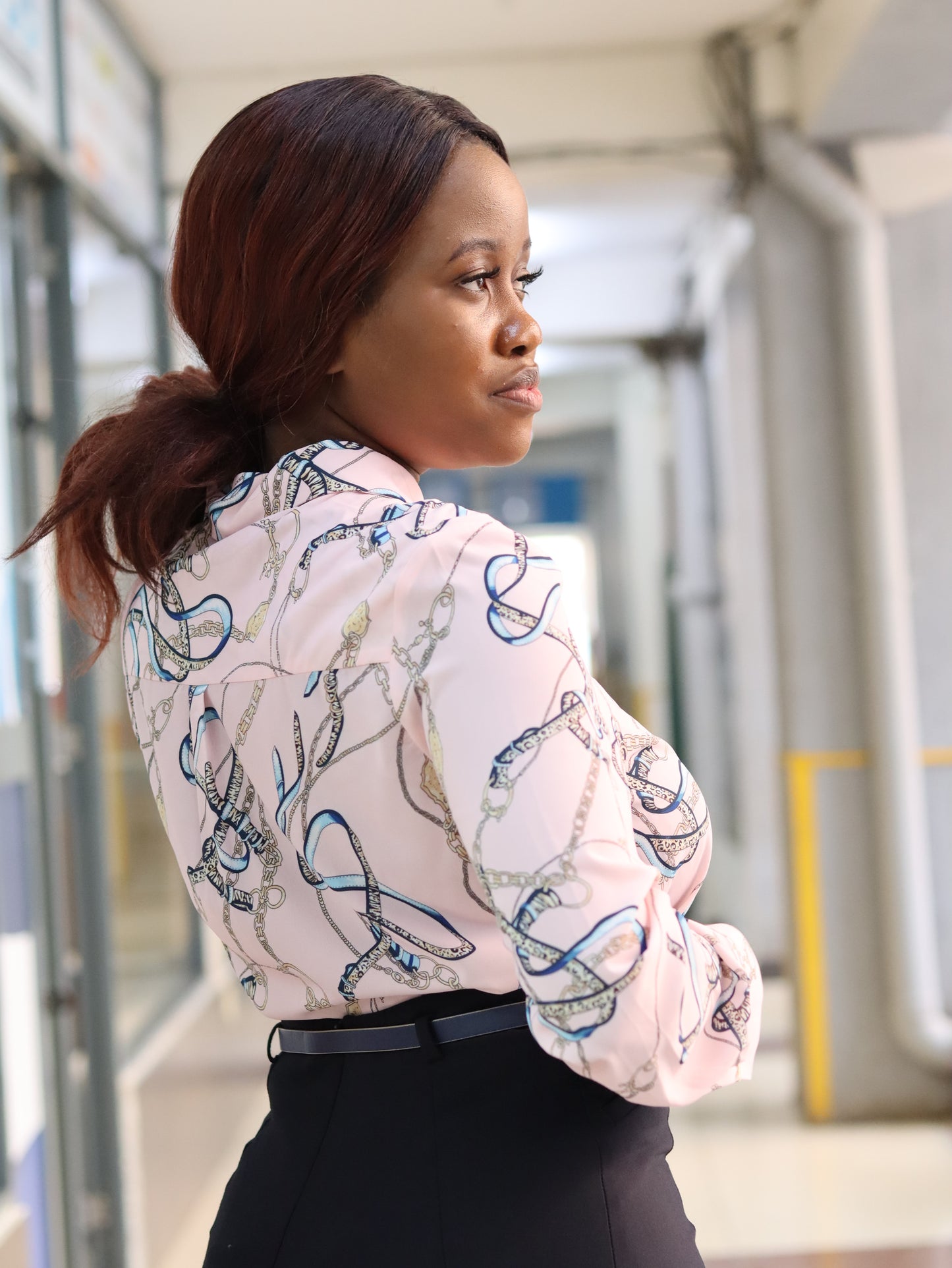 Chain Print Light Pink Collared Blouse