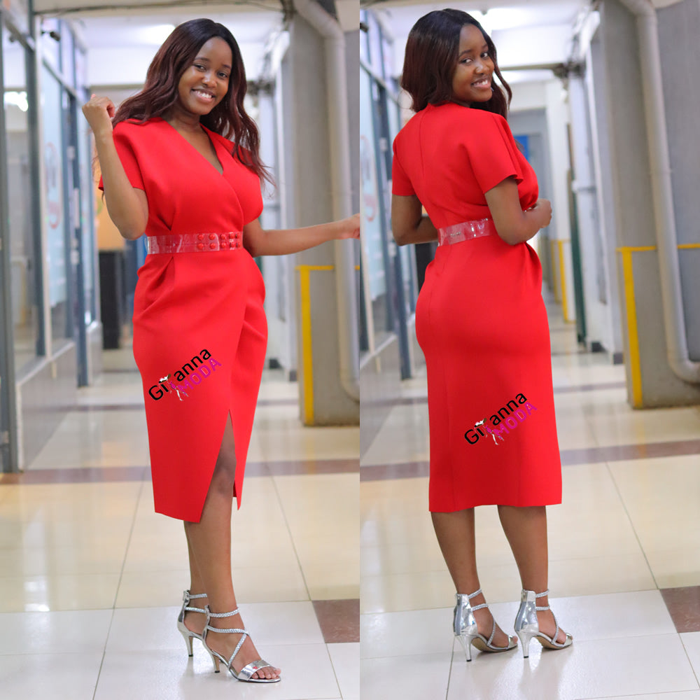 Red Kimono Sleeve Belted Dress