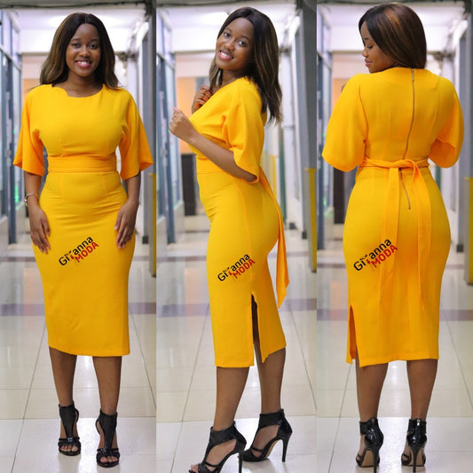 Yellow Kimono Side Slit Dress