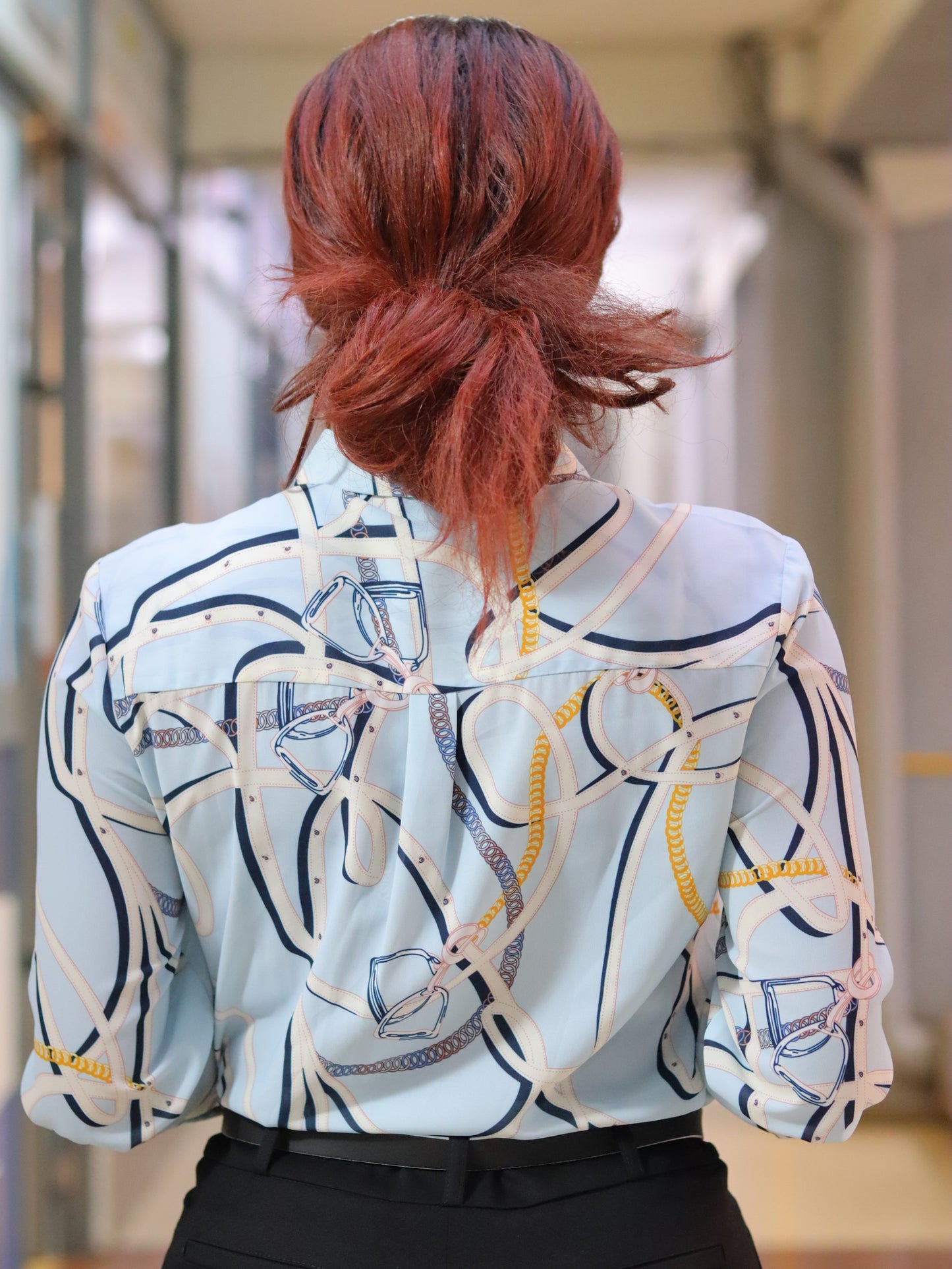 Chain Print Light Blue Collared Blouse