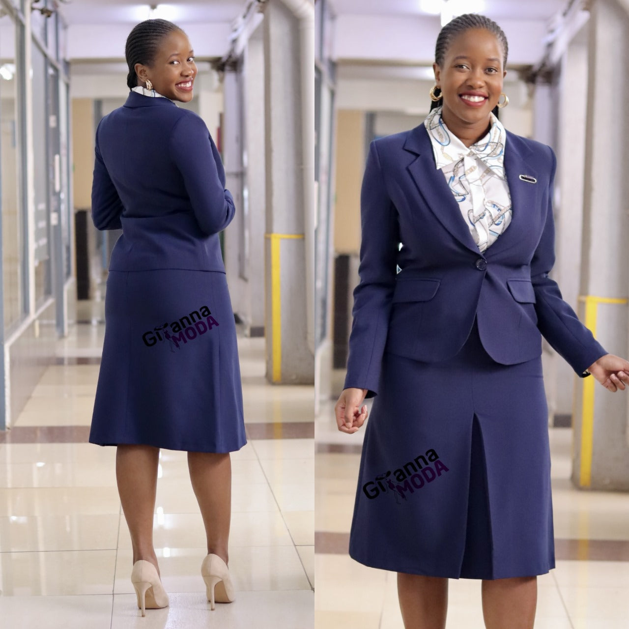 Navy Front Box Pleat Skirt Suit