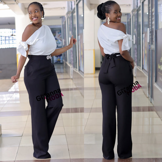 White and Black Fallen Shoulder Jumpsuit