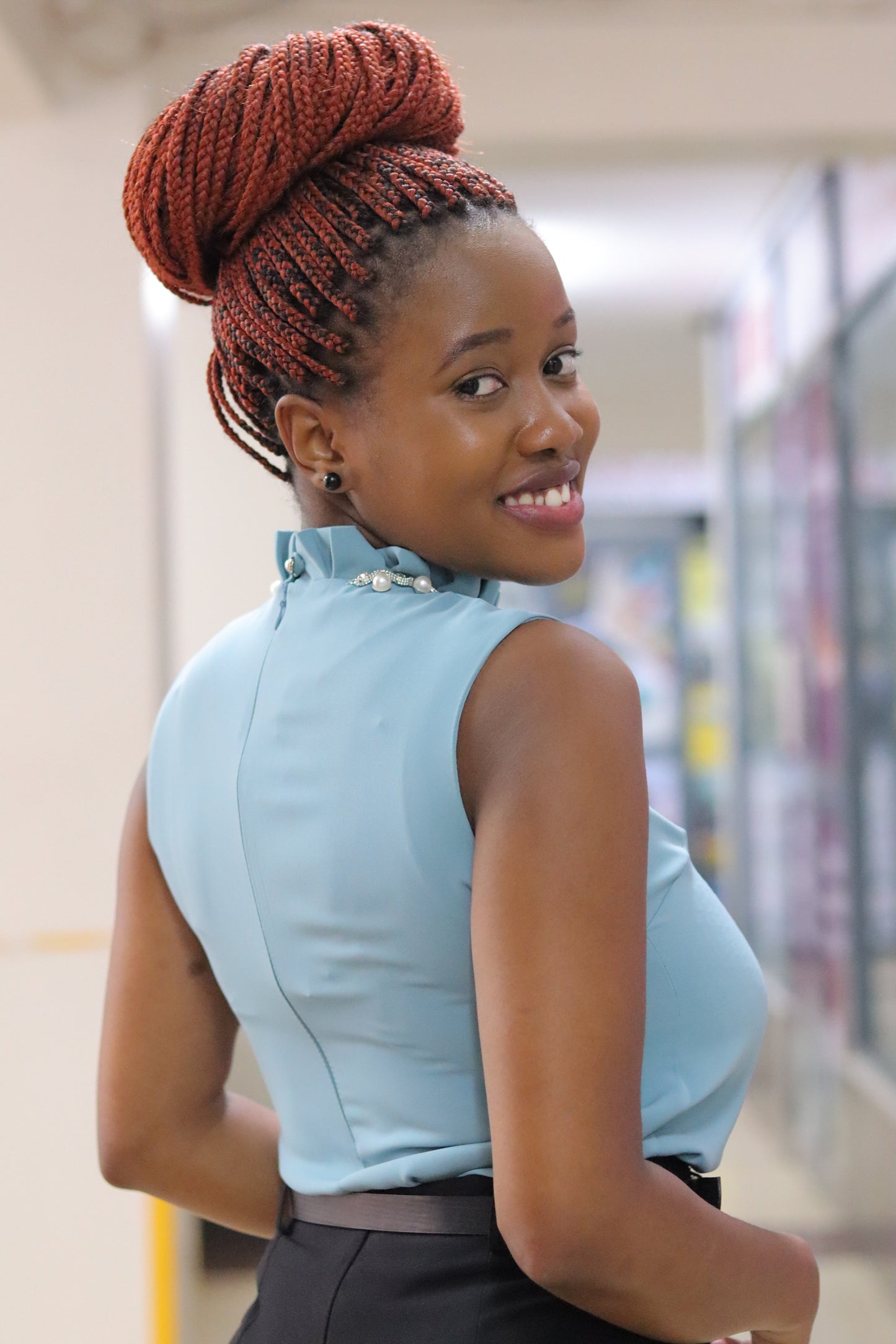 Pearl Embellished Frilled Turquoise Blouse