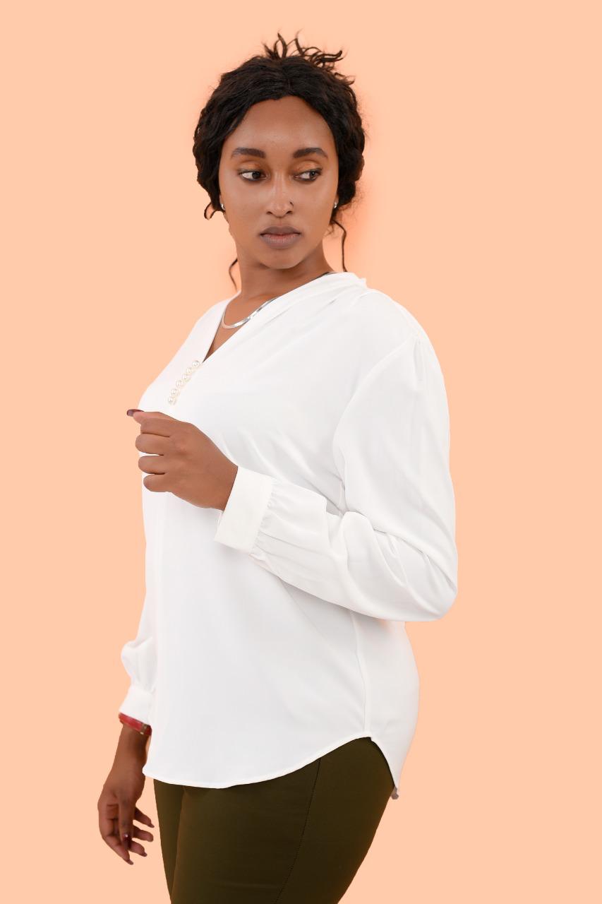 Long Sleeved V-Pearl Detailed Blouse in White