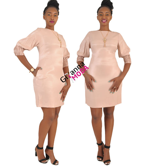 Nude Pleat Sleeve Shift Dress